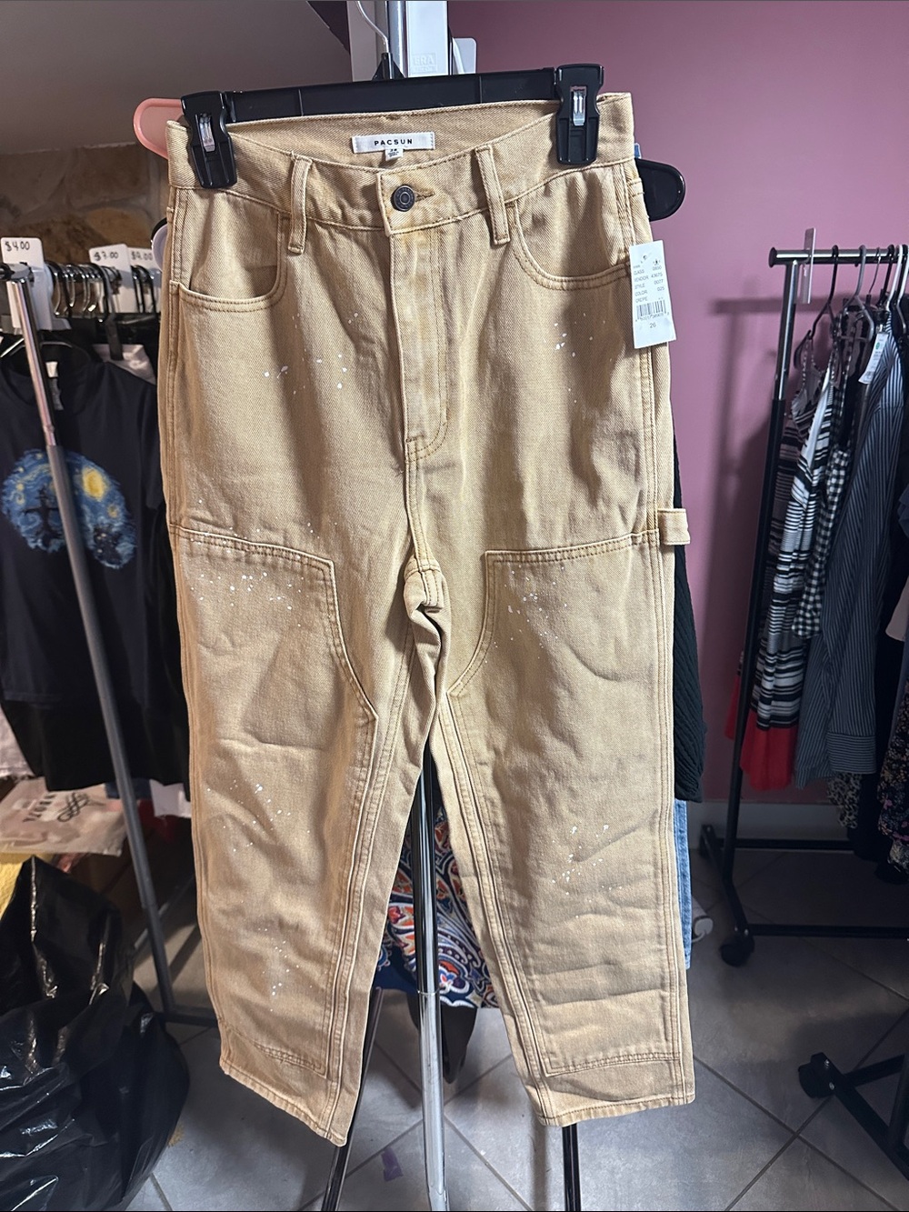 PacSun Beige Carpenter Pants with White Paint Splatter